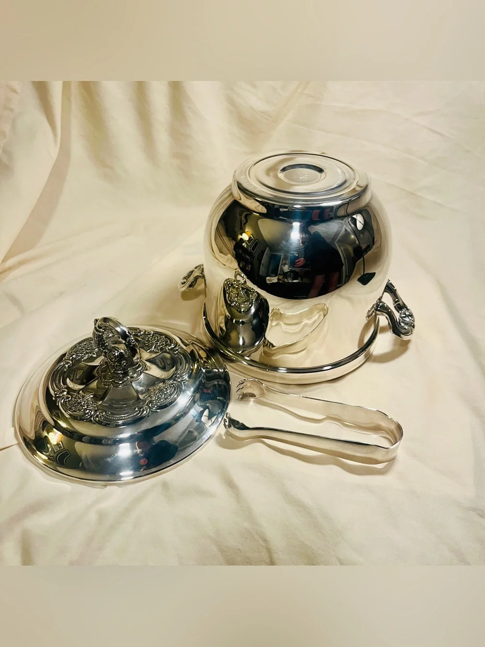 Vintage ~1967 Silver-plate Ice Bucket with Silver Ice Tongs | Oneida USA